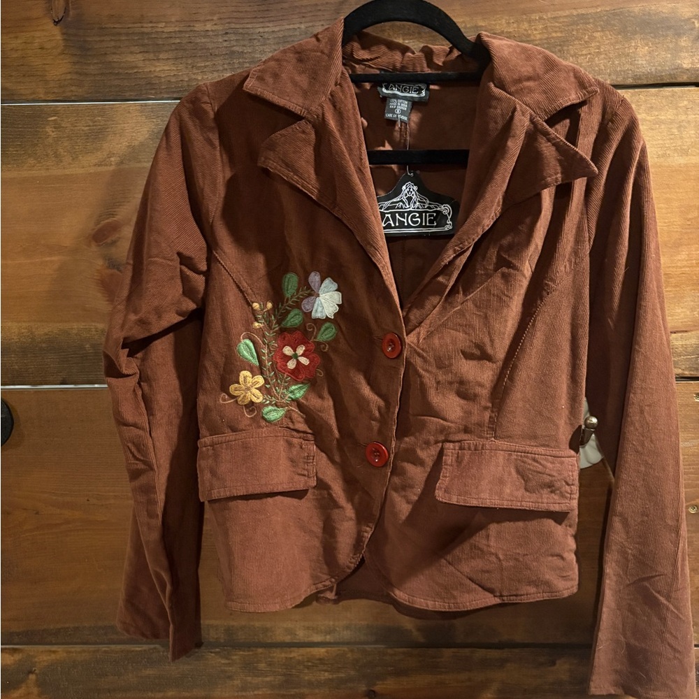 Angie Chocolate Brown Corduroy Blazer with Floral Embroidery